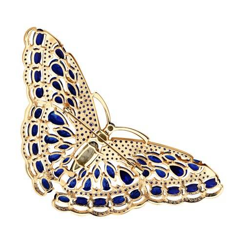 Брошь из красного золота с синими корундами и раухтопазами 