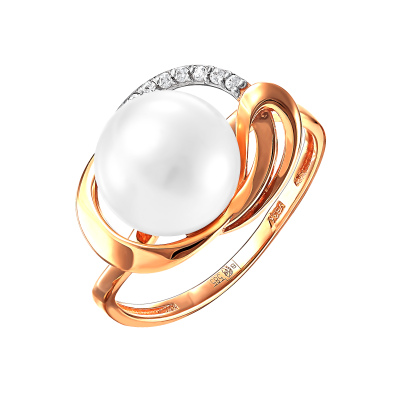 Кольцо из красного золота с жемчугом и фианитами (041808)