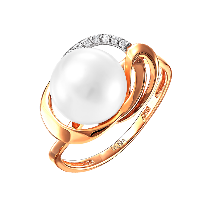 Кольцо из красного золота с жемчугом и фианитами (041808)