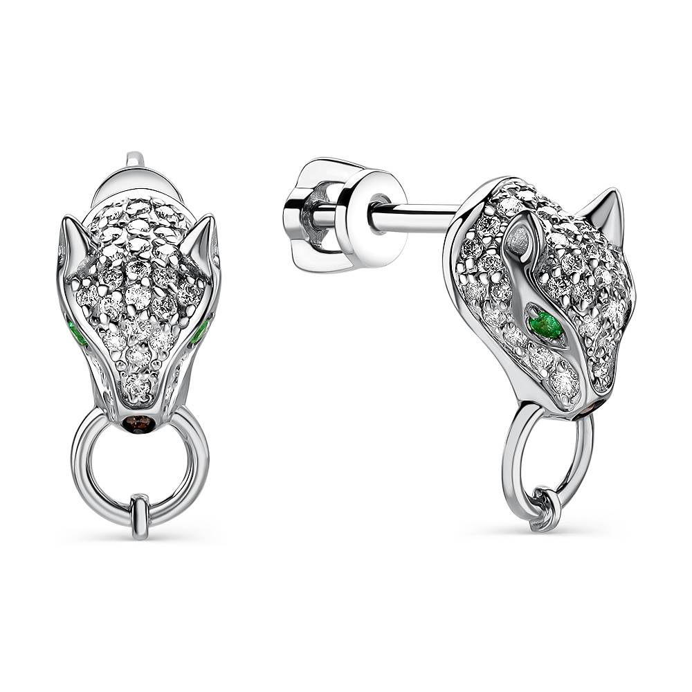 Серьги пусеты из белого золота с бриллиантами и изумрудами (059854)