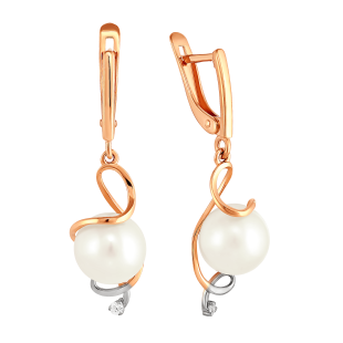 Серьги из красного золота с жемчугом и фианитами (041639)