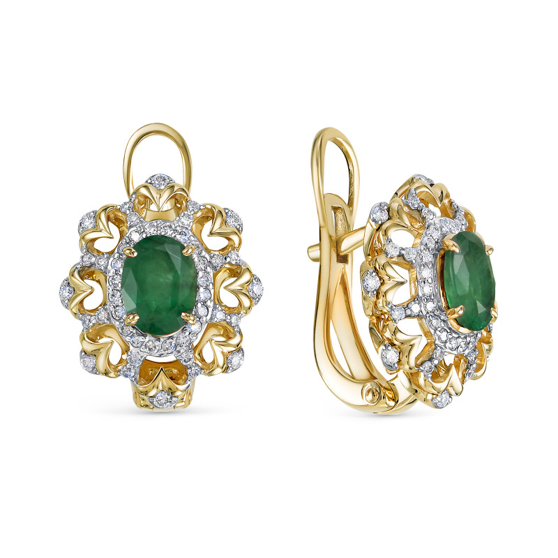 Серьги из жёлтого золота с бриллиантами и изумрудами (047967)