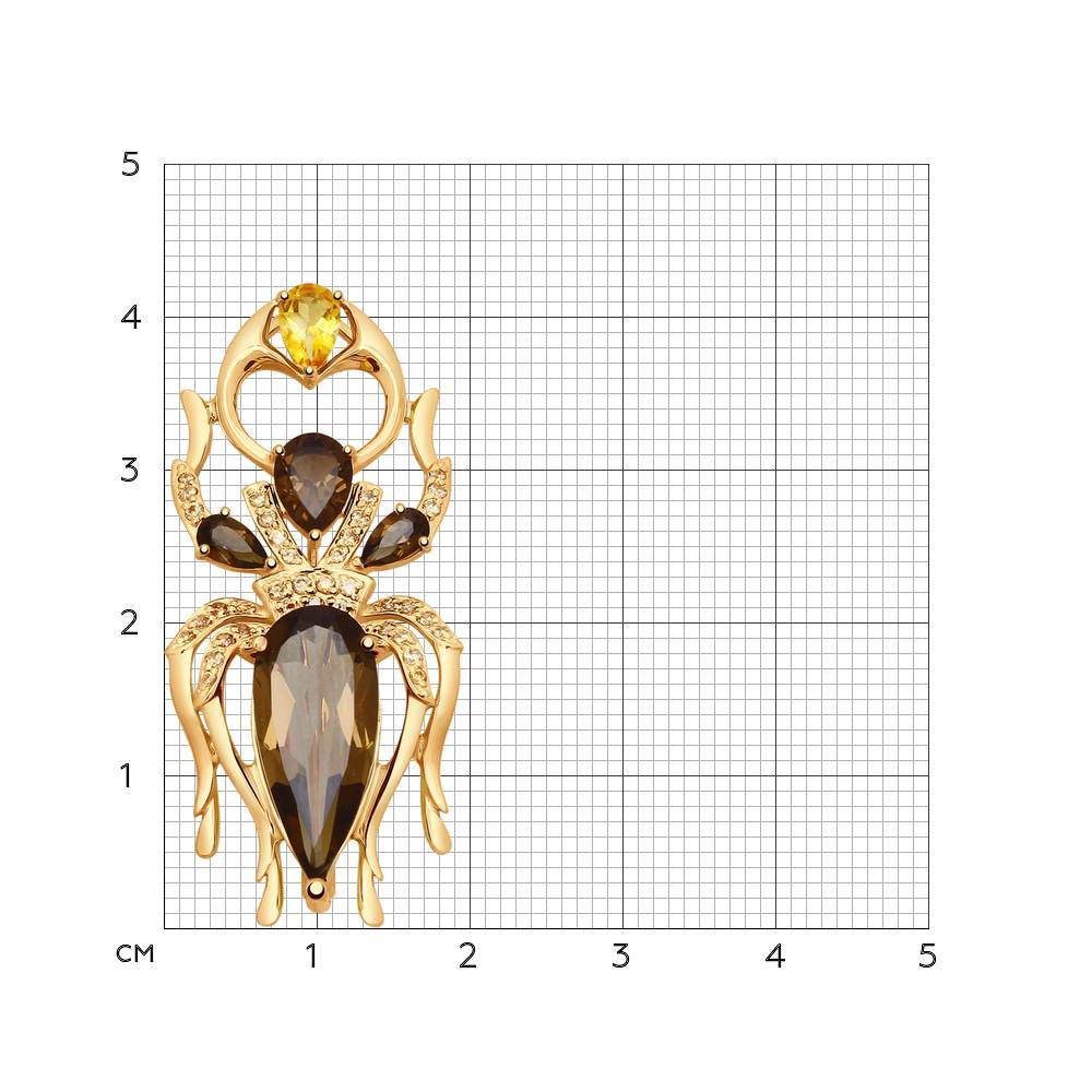 Брошь из красного золота с цитрином, раух-топазами и фианитами (042328)