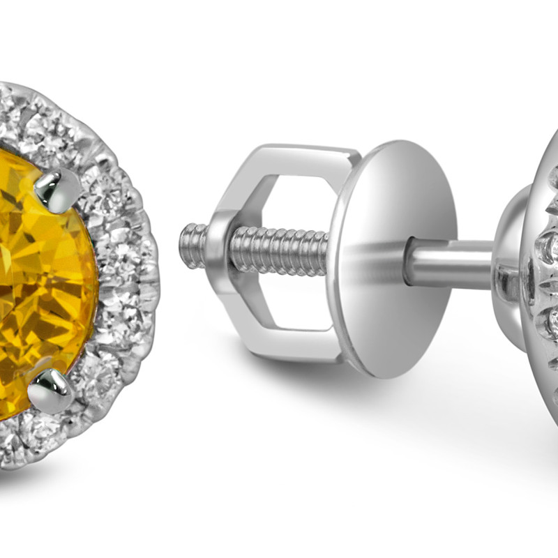 Серьги пусеты из белого золота с бриллиантами и жёлтыми сапфирами (052532)
