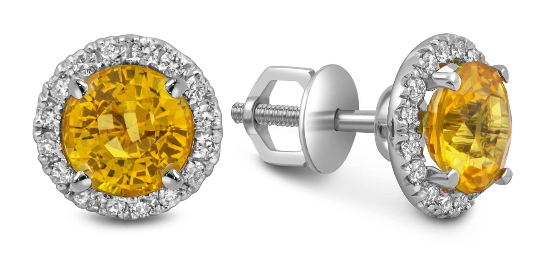 Серьги пусеты из белого золота с бриллиантами и жёлтыми сапфирами (052532)