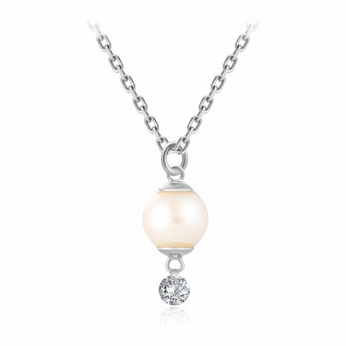 Колье из белого золота с бриллиантом и жемчугом Акойя (047767)