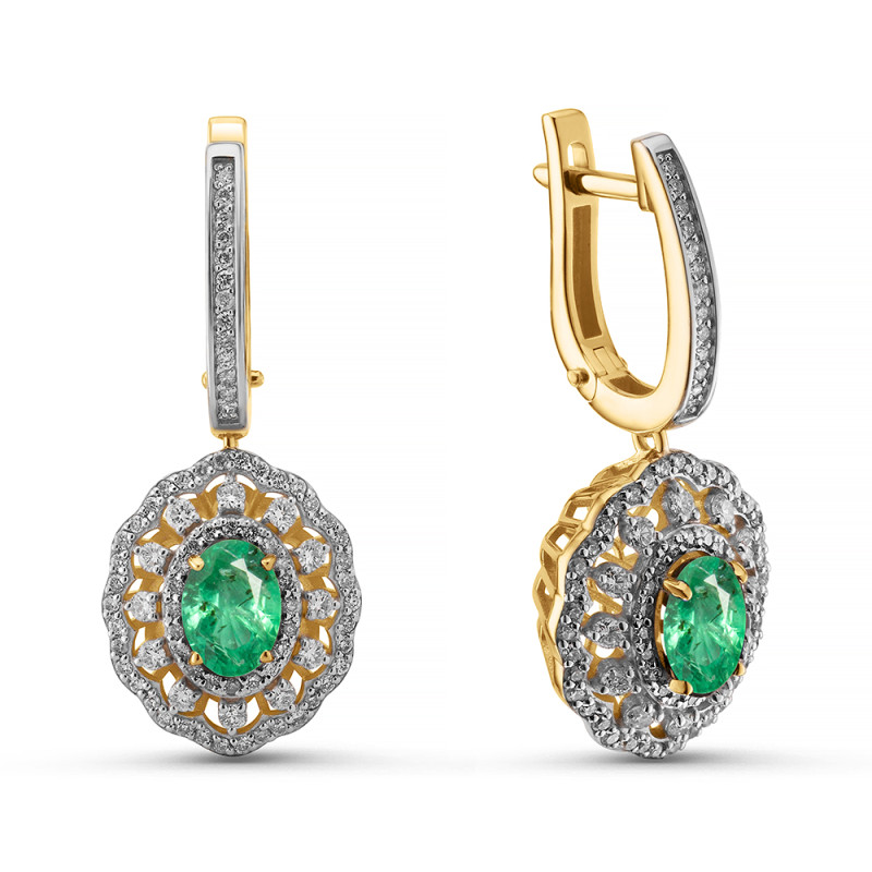 Серьги из жёлтого золота с бриллиантами и изумрудами (063789)