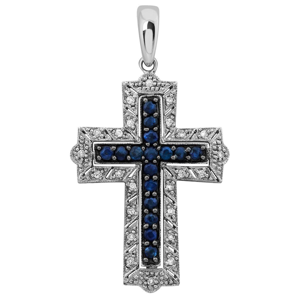 Кулон крест из белого золота с бриллиантами и сапфирами (018794)