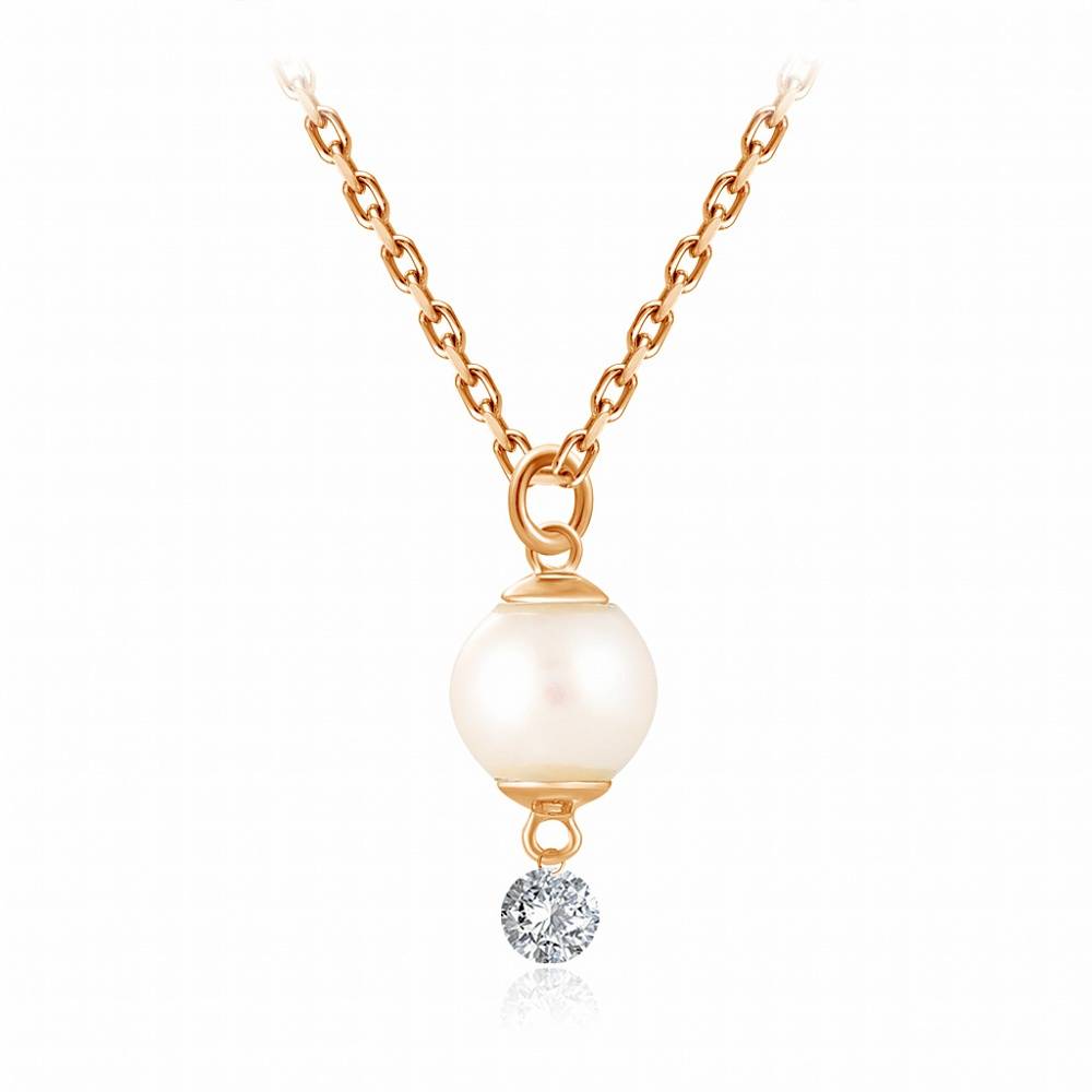 Колье из красного золота с бриллиантом и жемчугом Акойя (047749)