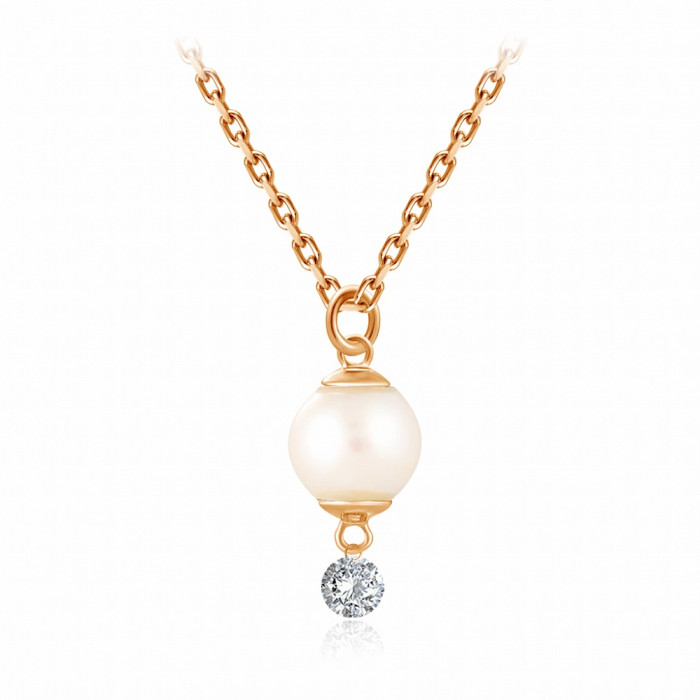 Колье из красного золота с бриллиантом и жемчугом Акойя (047749)