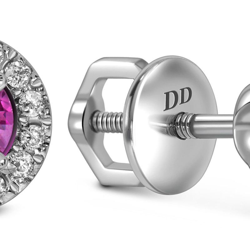 Серьги пусеты из белого золота с бриллиантами и розовыми сапфирами (062817)