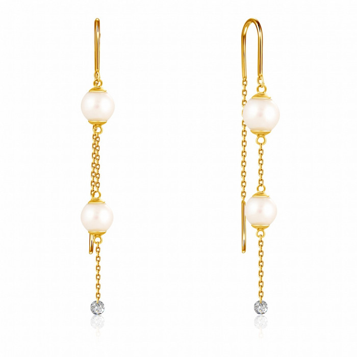 Серьги протяжки из жёлтого золота с бриллиантами и жемчугом Акойя (047665)