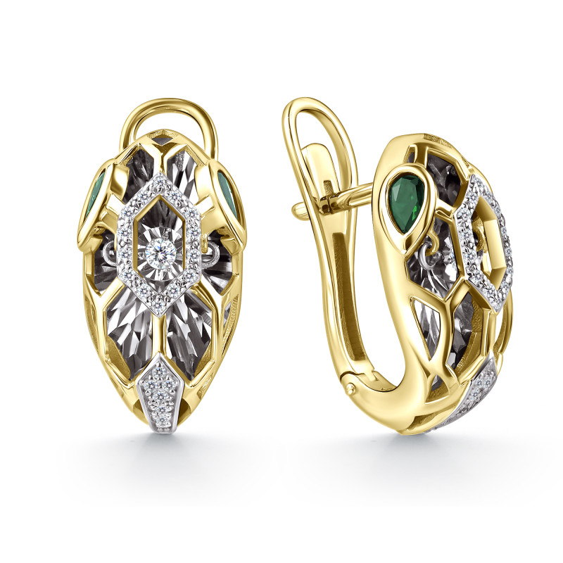 Серьги из жёлтого золота с бриллиантами и изумрудами (060368)