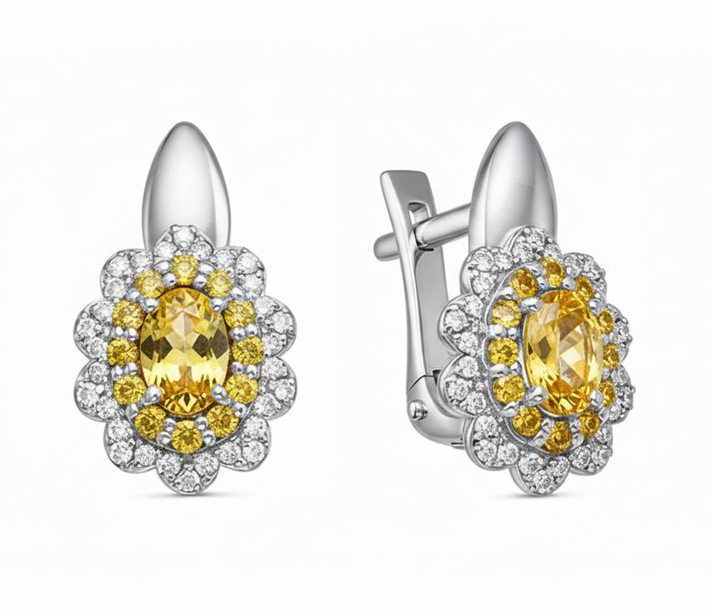 Серьги из белого золота с жёлтыми сапфирами и бриллиантами (063147)