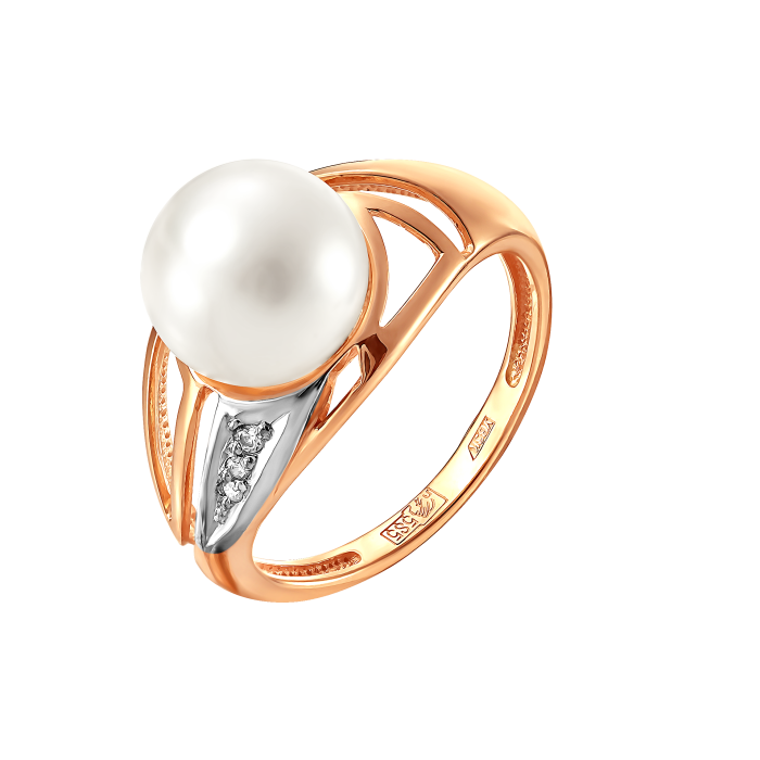 Кольцо из красного золота с жемчугом и фианитами (041819)
