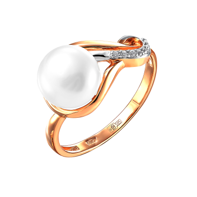 Кольцо из красного золота с жемчугом и фианитами (041795)