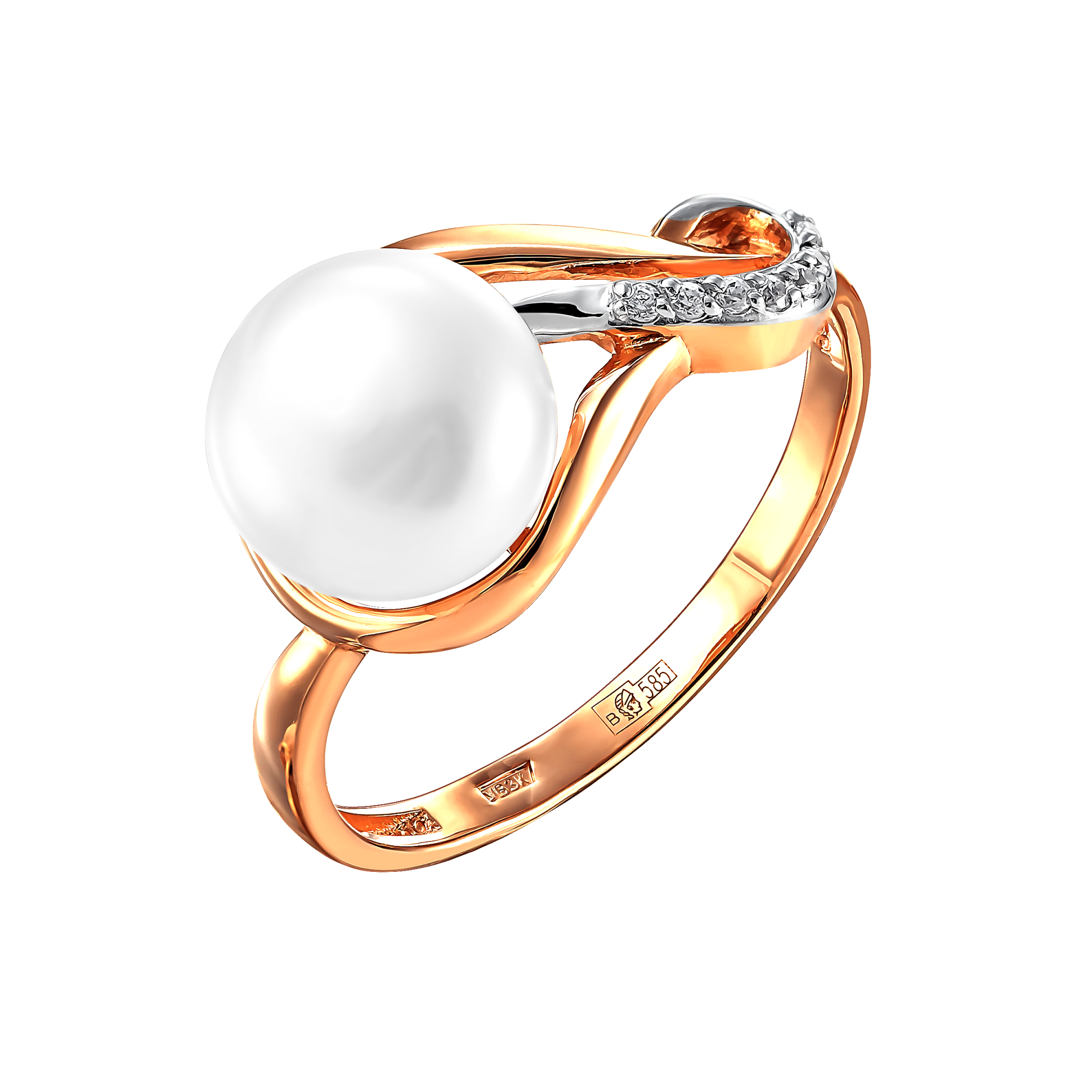 Кольцо из красного золота с жемчугом и фианитами (041795)