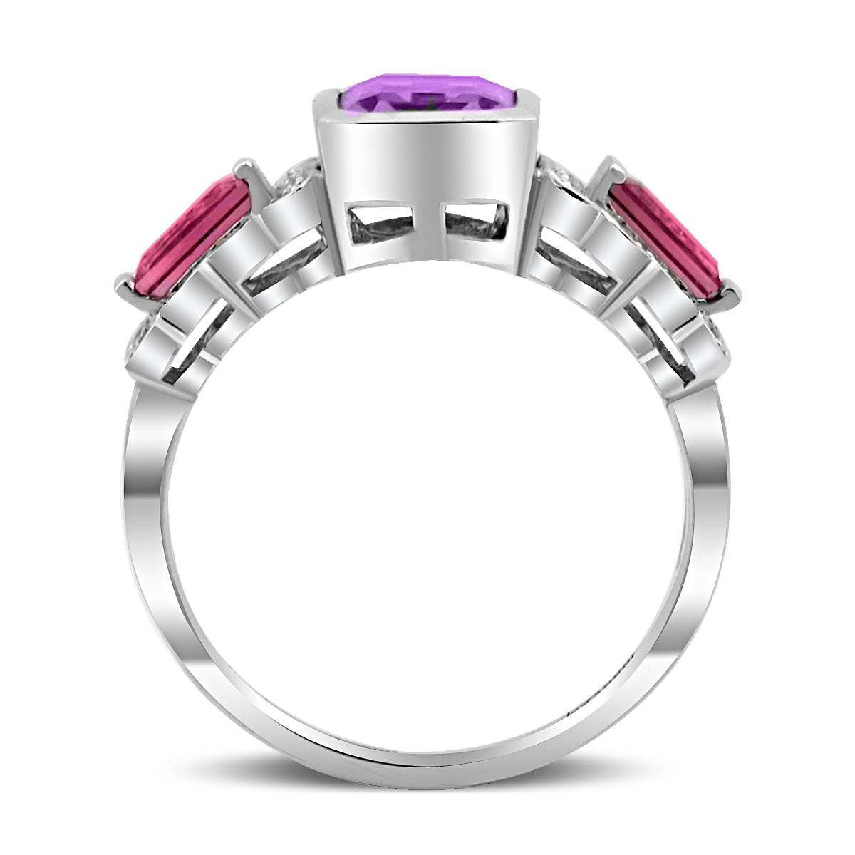 Кольцо из белого золота с бриллиантами, аметистом и турмалинами (019997)