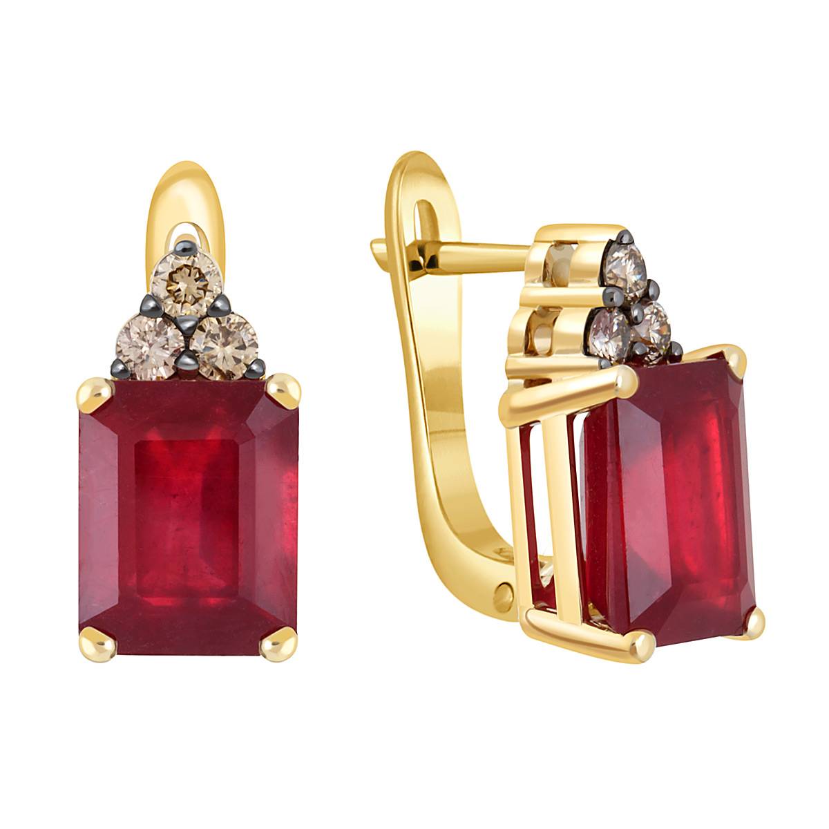 Серьги из жёлтого золота с коньячными бриллиантами и рубинами (051779)