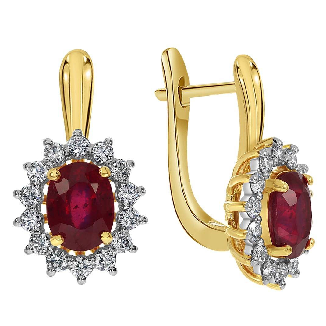 Серьги из жёлтого золота с бриллиантами и рубинами (060332)