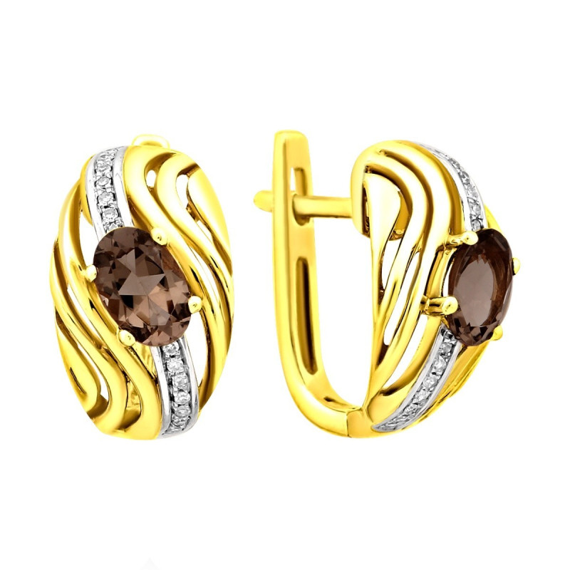 Серьги из жёлтого золота с бриллиантами и дымчатым кварцем (011473)