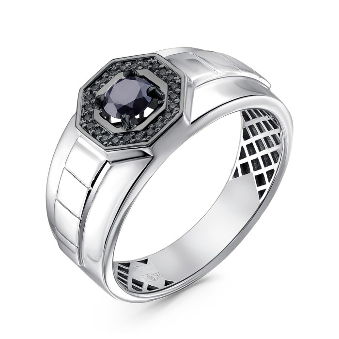 Кольцо мужское из белого золота с чёрными бриллиантами и сапфиром (051524)