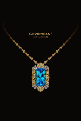 Эксклюзивное колье "Посейдон" из жёлтого золота 750 пробы с бриллиантами, сапфирами и топазом (053130)