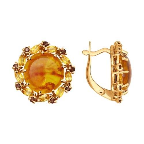 Серьги из красного золота с янтарём, раухтопазами и цитринами (038344)