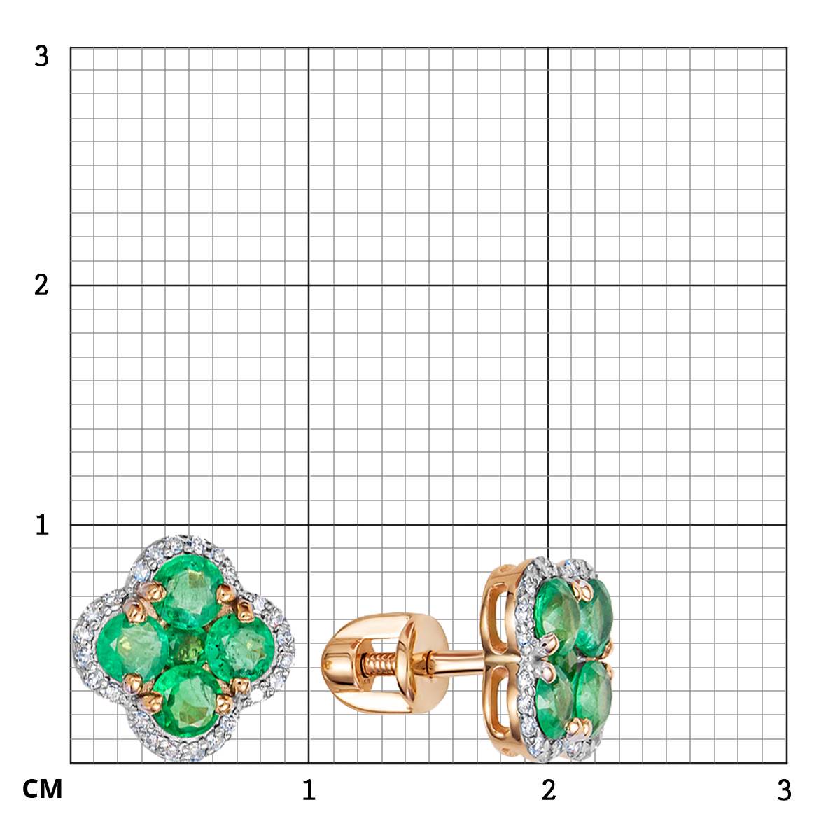 Серьги пусеты из красного золота с бриллиантами и изумрудами (053927)