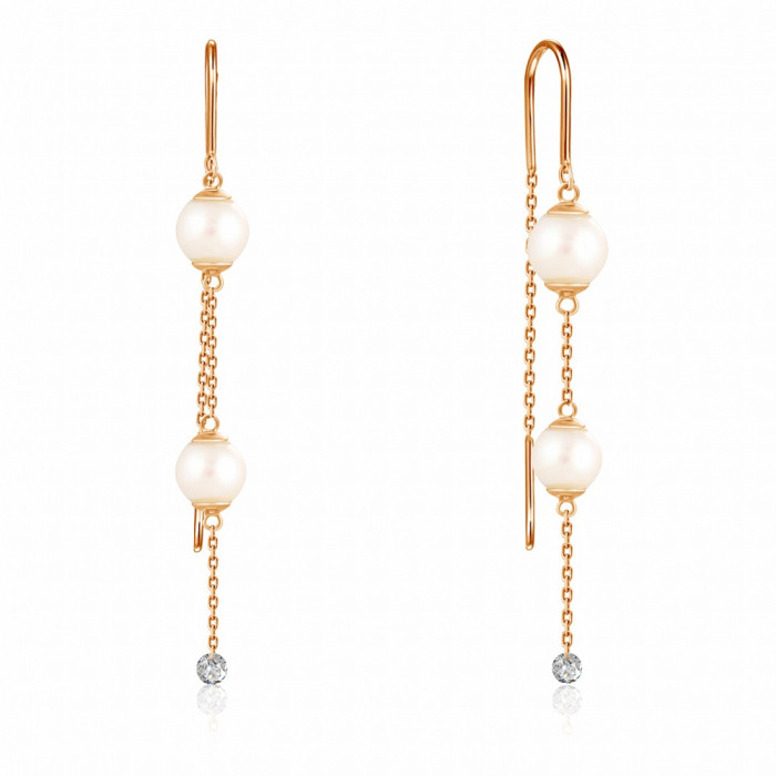 Серьги из красного золота с бриллиантами и жемчугом Акойя (047686)