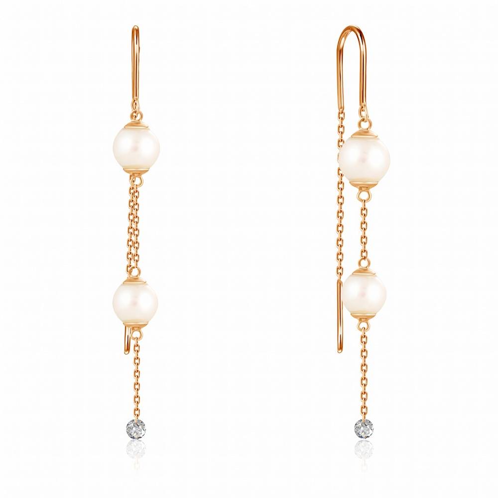 Серьги из красного золота с бриллиантами и жемчугом Акойя (047686)