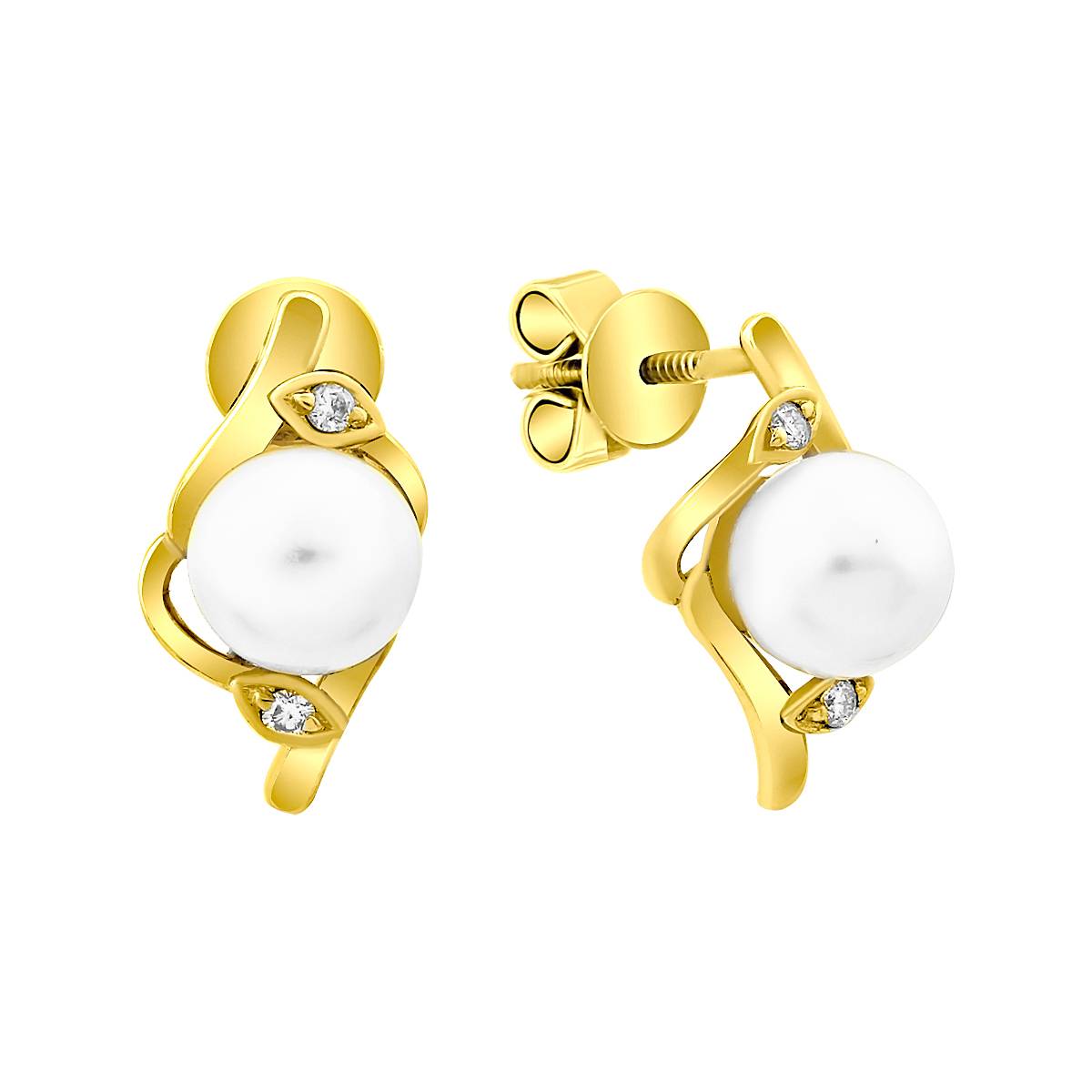 Серьги пусеты из жёлтого золота с бриллиантами и жемчугом (022091)