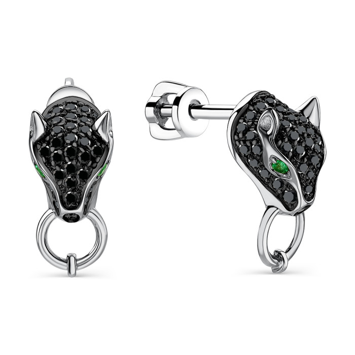Серьги пусеты из белого золота с чёрными бриллиантами и изумрудами (060940)