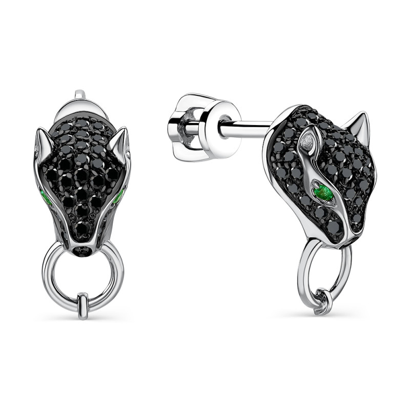 Серьги пусеты из белого золота с чёрными бриллиантами и изумрудами (060940)
