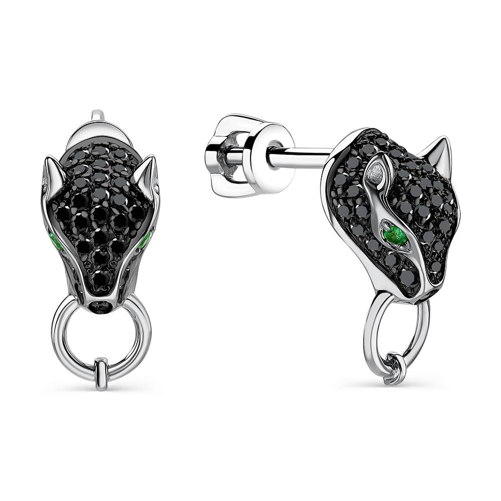 Серьги пусеты из белого золота с чёрными бриллиантами и изумрудами (060940)