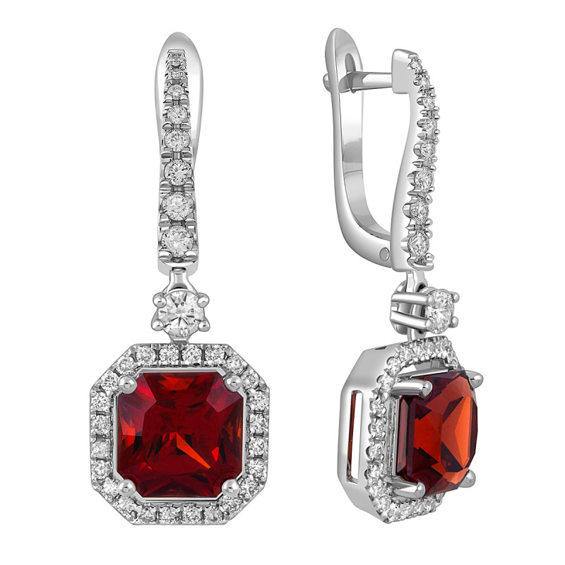 Серьги пусеты из белого золота с бриллиантами и гранатами (051718)
