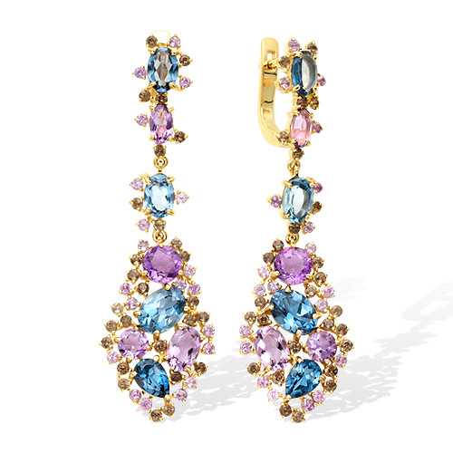 Серьги из жёлтого золота с топазами, аметистами и раухтопазами (041237)
