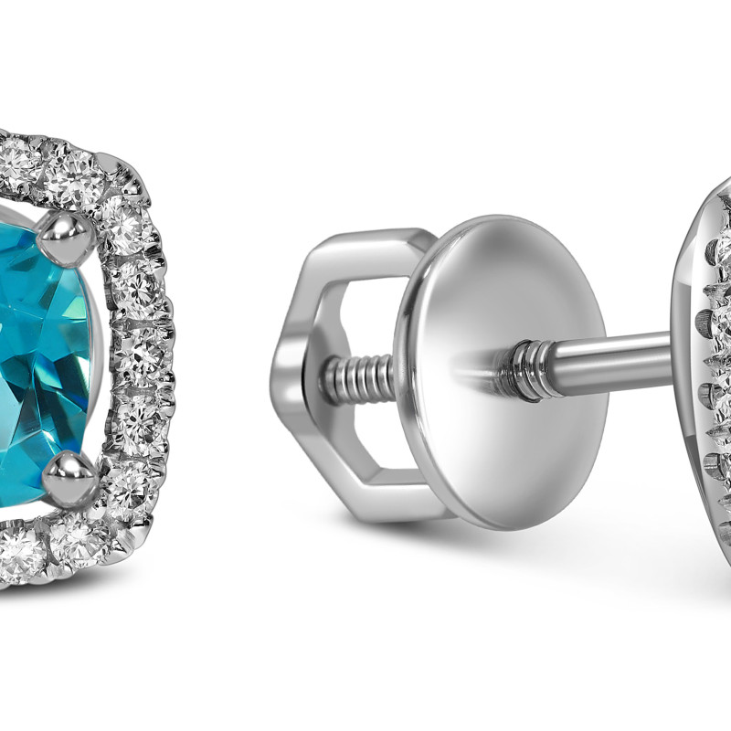 Серьги пусеты из белого золота с бриллиантами и апатитами (058525)