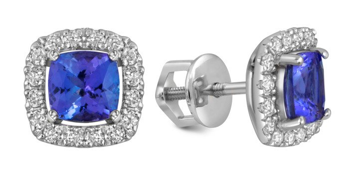 Серьги пусеты из белого золота с бриллиантами и танзанитами (055710)