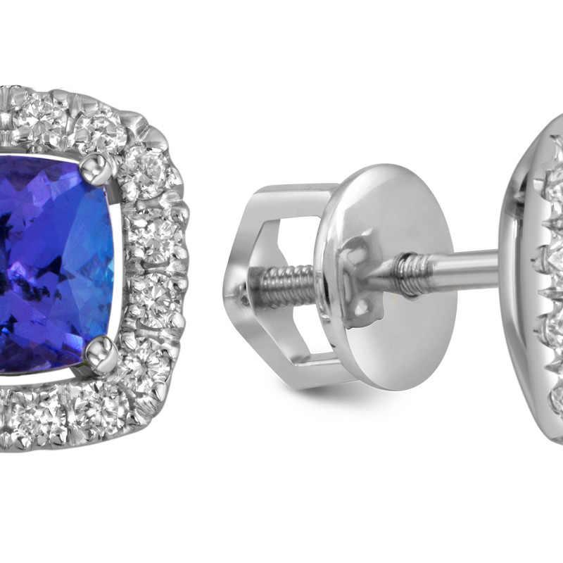 Серьги пусеты из белого золота с бриллиантами и танзанитами (055710)