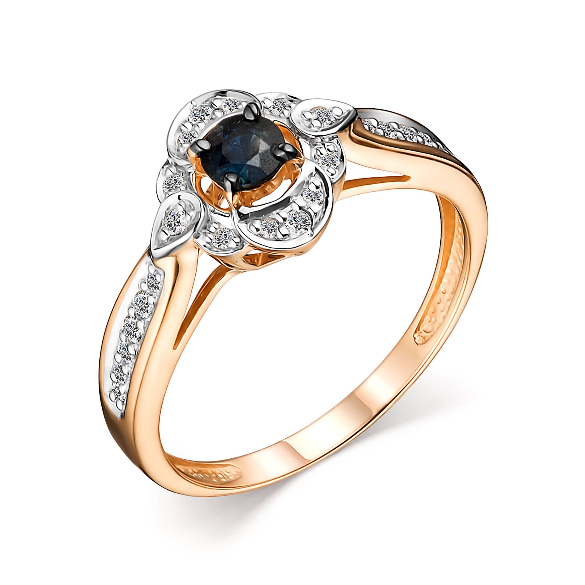 Кольцо из красного золота с бриллиантами и сапфиром (048322)
