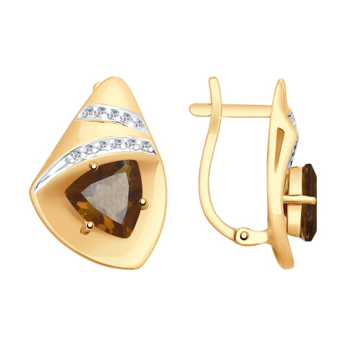 Серьги из красного золота с раухтопазами и фианитами (038373)