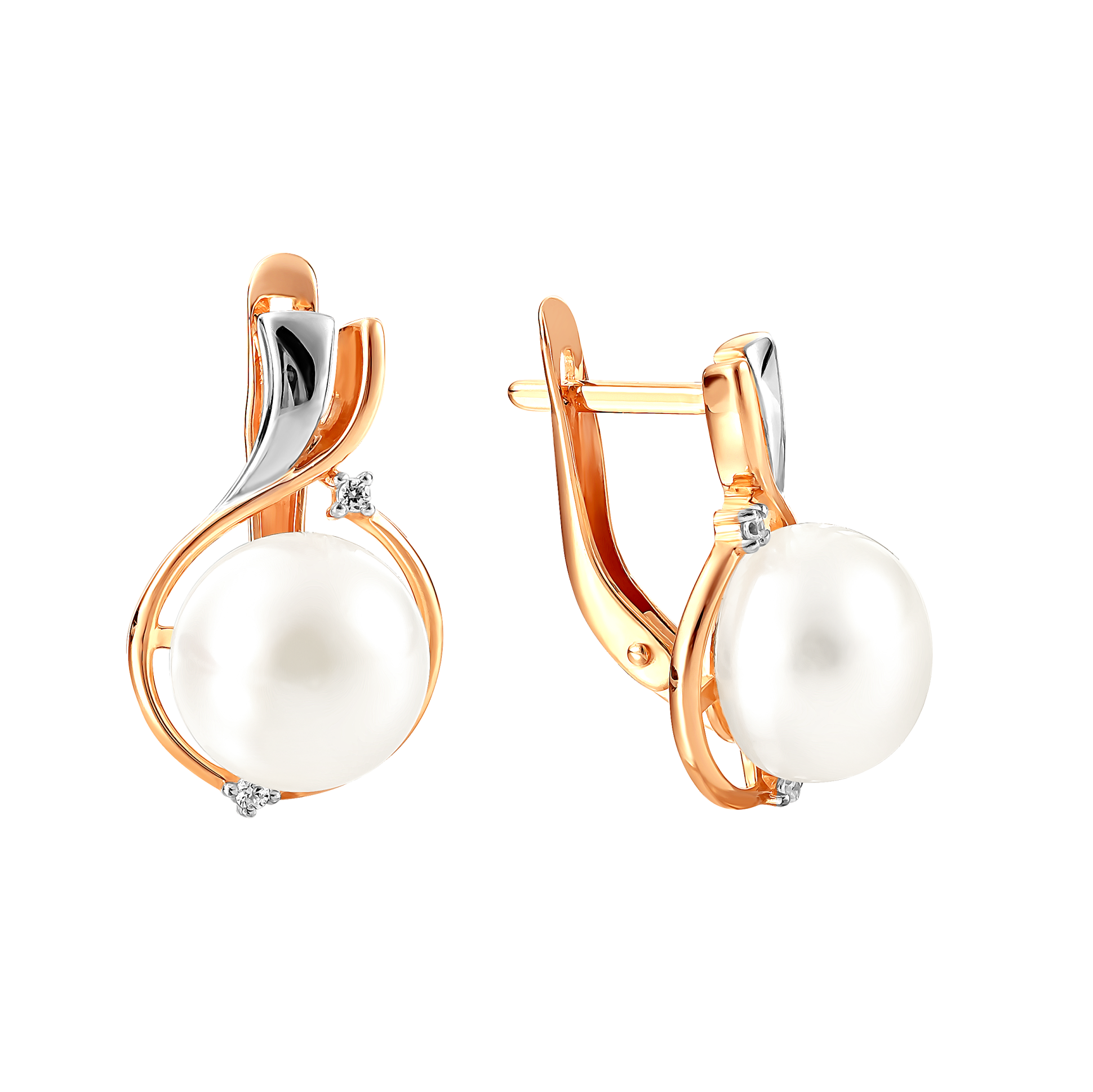 Серьги из красного золота с жемчугом и фианитами (041815)