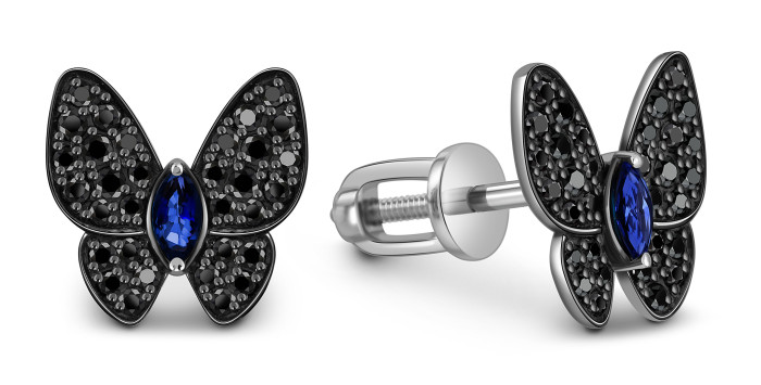 Серьги пусеты из белого золота с чёрными бриллиантами и сапфирами (059562)