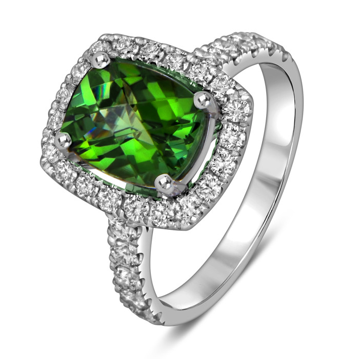 Кольцо из белого золота с бриллиантами и зелёным турмалином (059490)