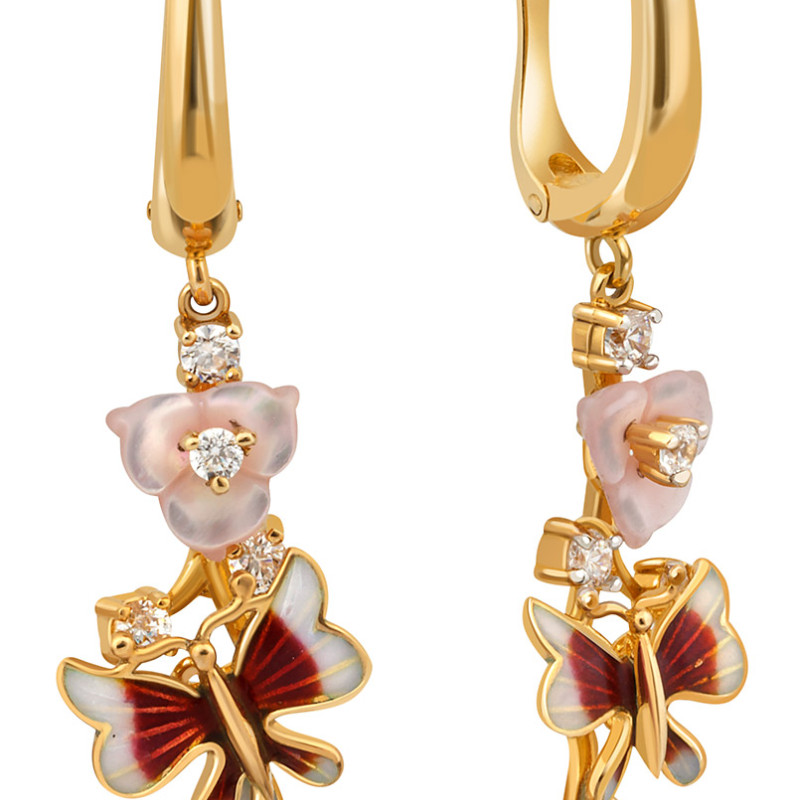 Серьги из жёлтого золота с цирконами, перламутром и эмалью (012112)