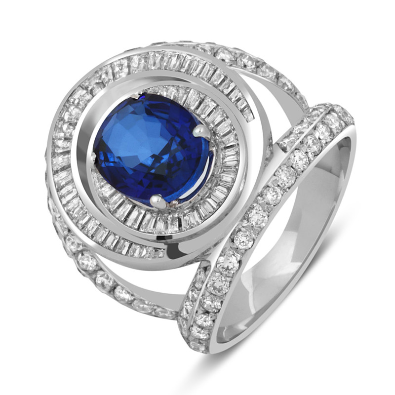 Кольцо из белого золота 750 пробы с бриллиантами и сапфиром (046828)