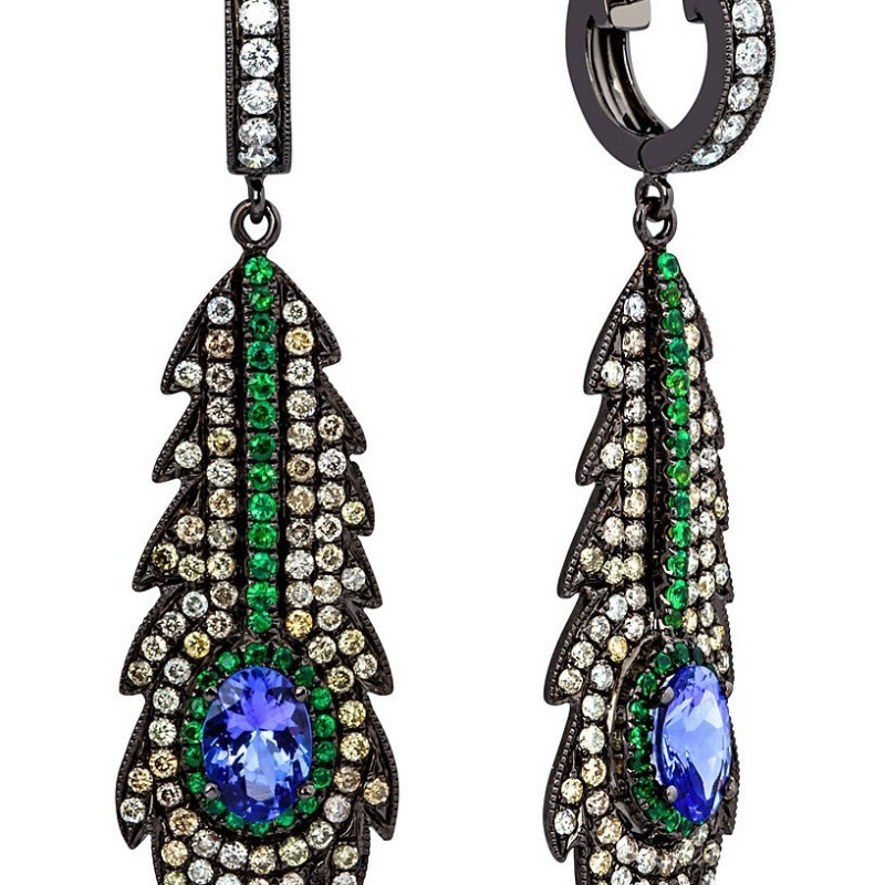 Серьги с бриллиантами, зелёными гранатами и танзанитами из чёрного золота (015280)
