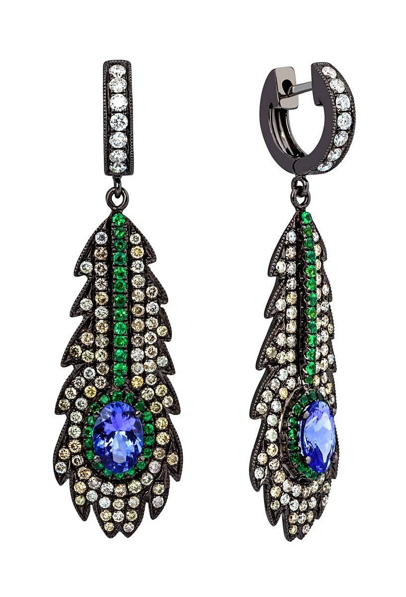 Серьги с бриллиантами, зелёными гранатами и танзанитами из чёрного золота (015280)