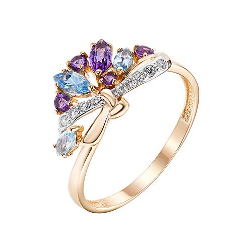 Кольцо из красного золота с аметистами, топазами и фианитами (040070)